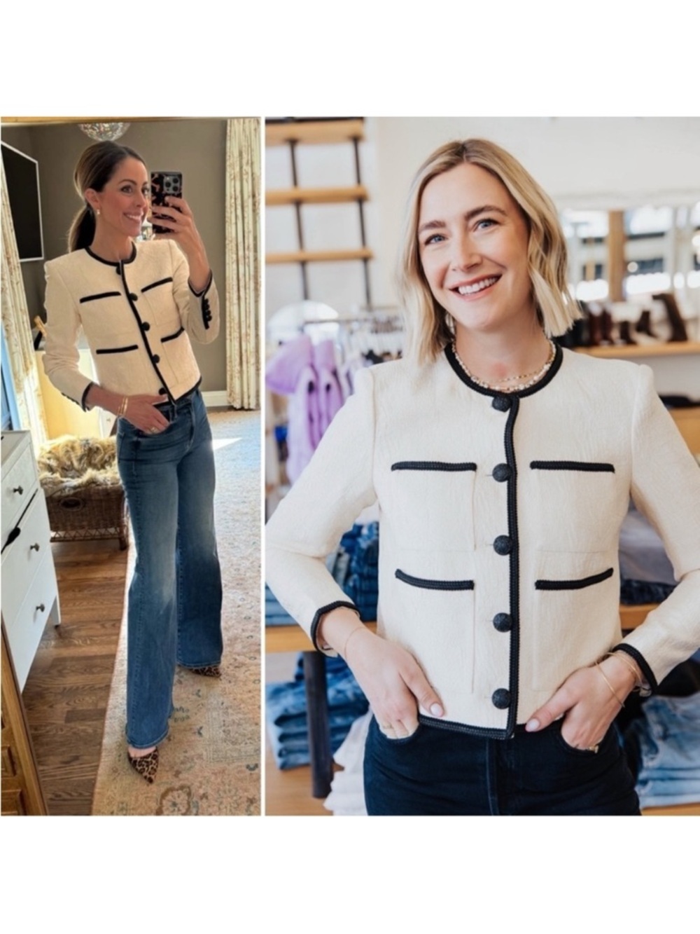 VERONICA BEARD | Darla Textured Ecru Cream Jacket Black Trim Size 6